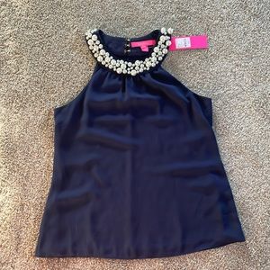 Lilly Pulitzer Shawn Beaded Halter Top, navy, size XS